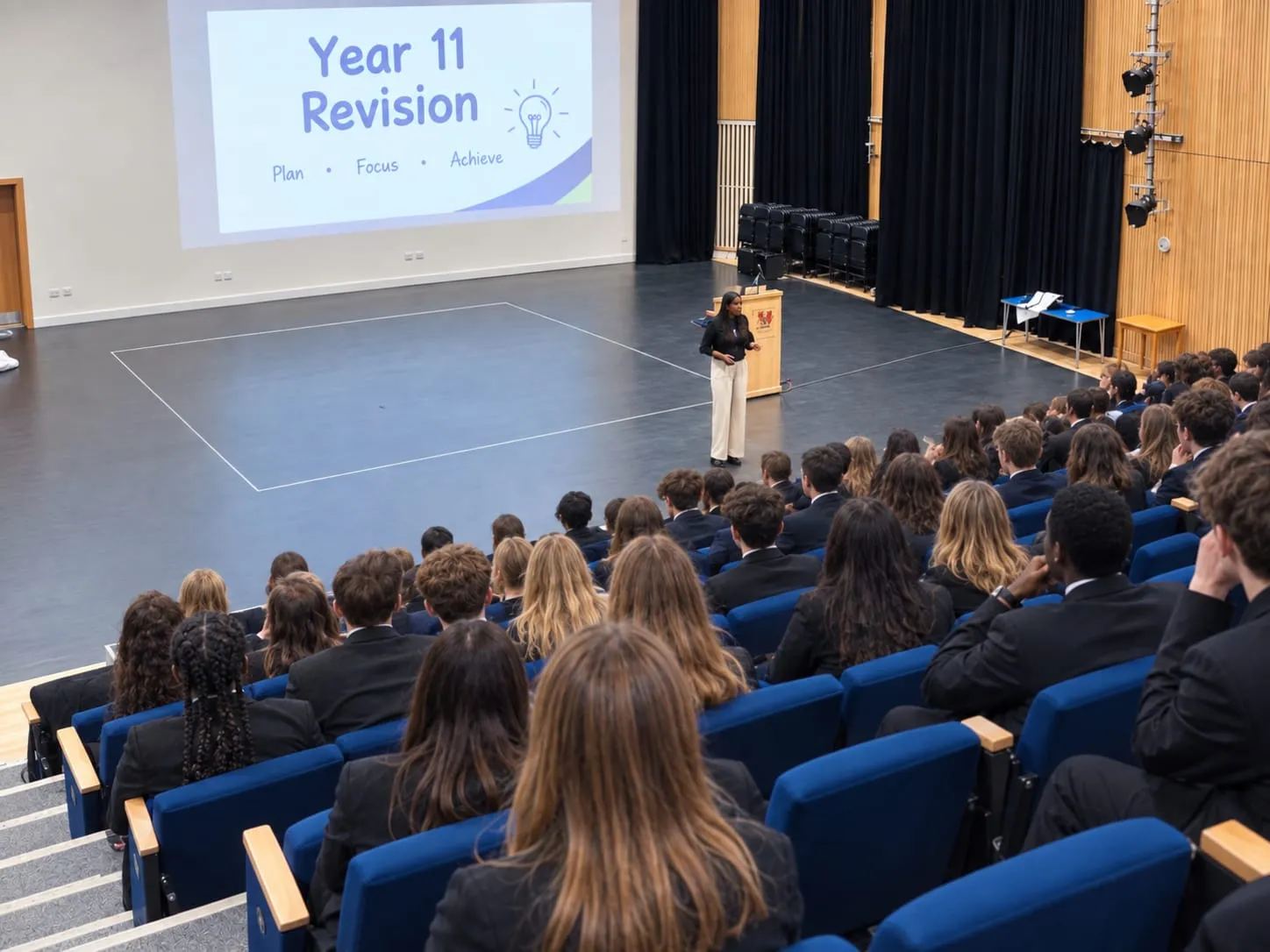 Lorraine Lee speaking to a hall of secondary pupils beside a slide reading Year 11 Revision