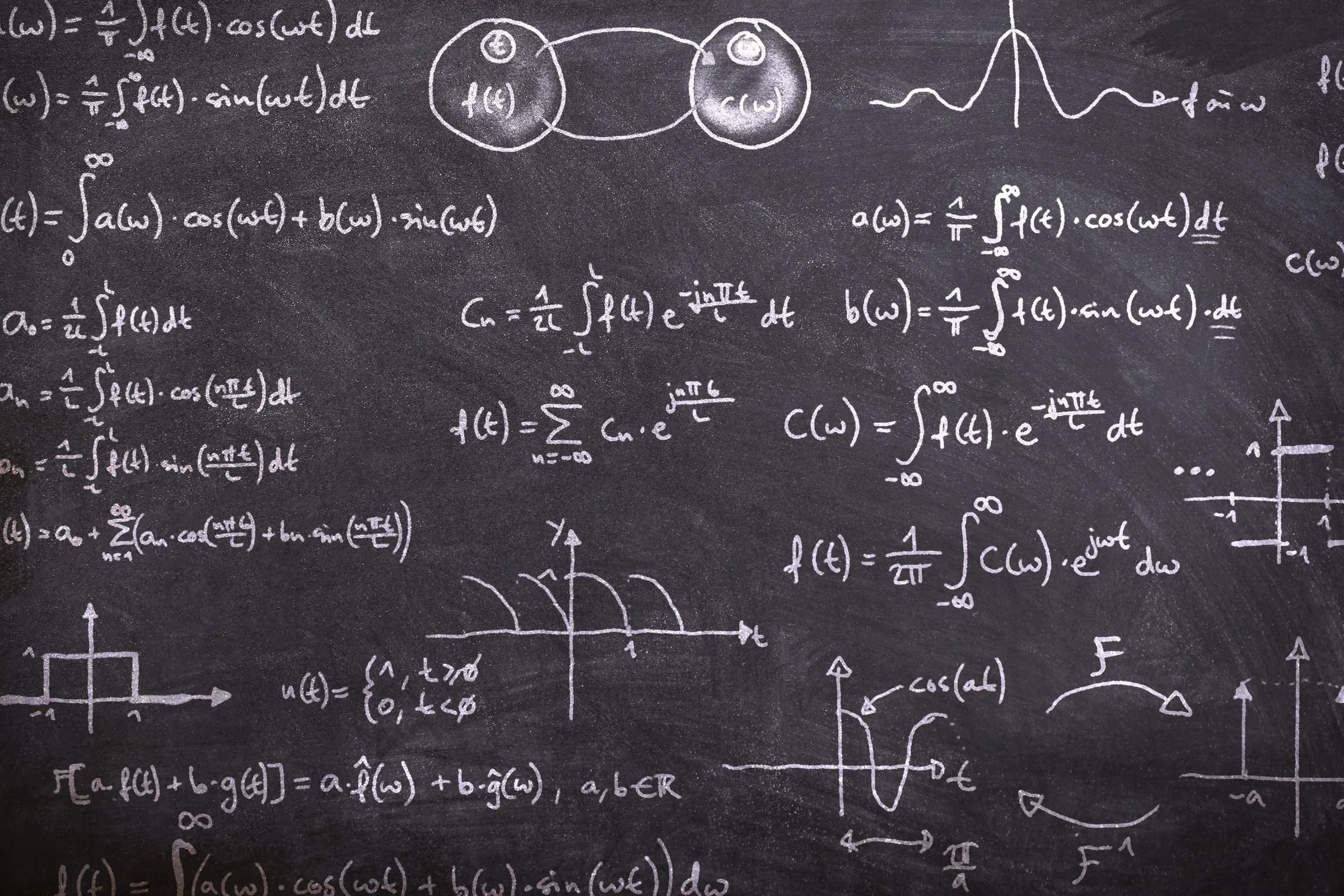 A blackboard covered in handwritten mathematical equations