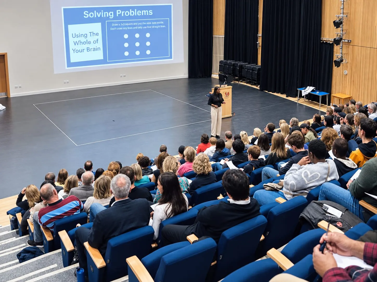 Lorraine speaking to a full lecture theatre beside a slide reading Solving Problems